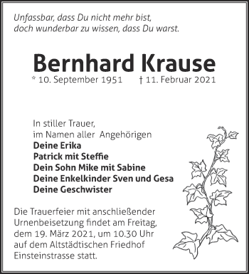 Traueranzeige von Bernhard Krause von Märkische Oderzeitung