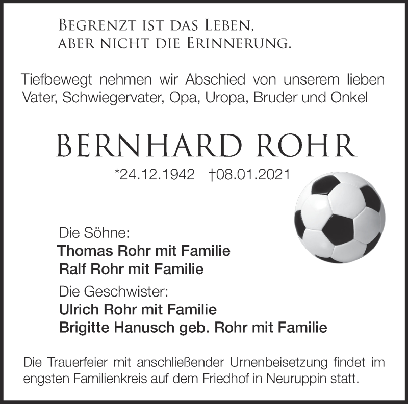  Traueranzeige für Bernhard Rohr vom 06.02.2021 aus Märkische Oderzeitung