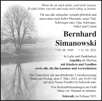 Traueranzeige von Bernhard Simanowski von Märkische Oderzeitung