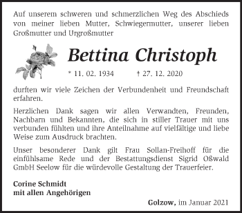 Traueranzeige von Bettina Christoph von Märkische Oderzeitung