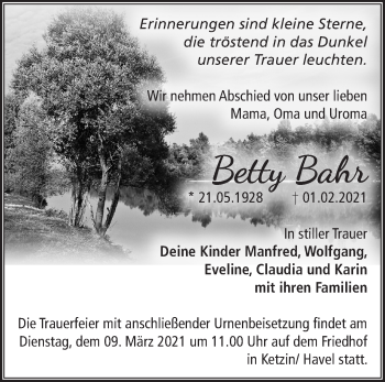 Traueranzeige von Betty Bahr von Märkische Oderzeitung