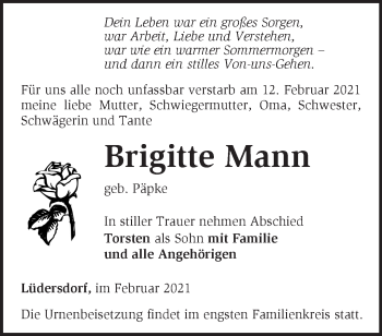 Traueranzeige von Brigitte Mann von Märkische Oderzeitung