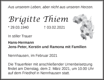 Traueranzeige von Brigitte Thiem von Märkische Oderzeitung