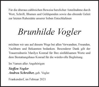 Traueranzeige von Brunhilde Vogler von Märkische Oderzeitung