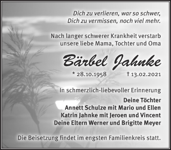 Traueranzeige von Bärbel Jahnke von Märkische Oderzeitung