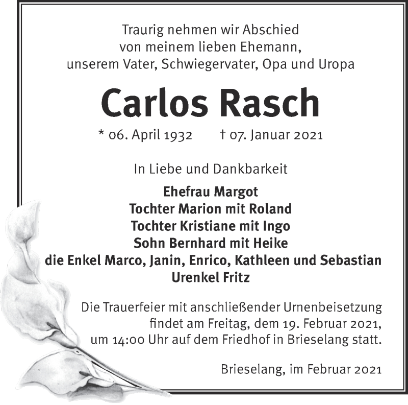  Traueranzeige für Carlos Rasch vom 07.02.2021 aus Märkische Oderzeitung