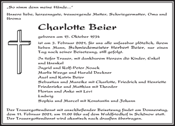 Traueranzeige von Charlotte Beier von Märkische Oderzeitung