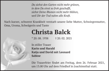 Traueranzeige von Christa Balck von Märkische Oderzeitung