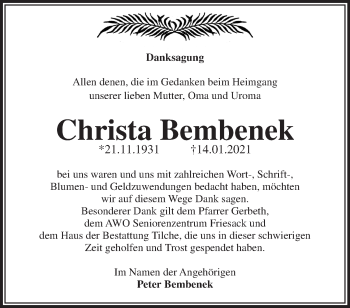 Traueranzeige von Christa Bembenek von Märkische Oderzeitung