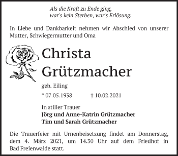 Traueranzeige von Christa Grützmacher von Märkische Oderzeitung