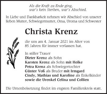 Traueranzeige von Christa Krenz von Märkische Oderzeitung