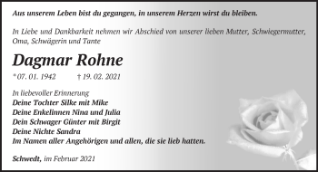 Traueranzeige von Dagmar Rohne von Märkische Oderzeitung