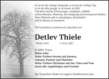 Traueranzeige von Detlev Thiele von Märkische Oderzeitung