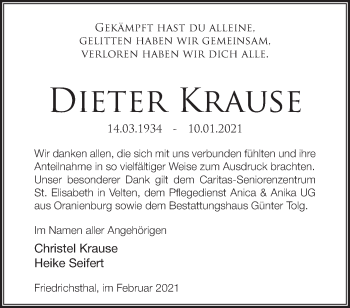 Traueranzeige von Dieter Krause von Märkische Oderzeitung