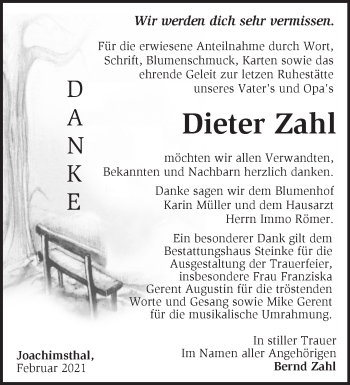 Traueranzeige von Dieter Zahl von Märkische Oderzeitung