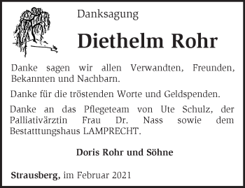 Traueranzeige von Diethelm Rohr von Märkische Oderzeitung