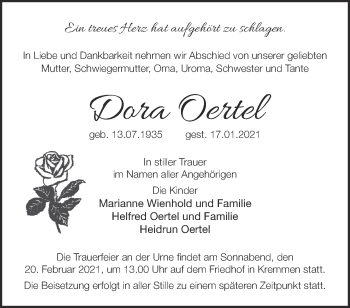 Traueranzeige von Dora Oertel von Märkische Oderzeitung