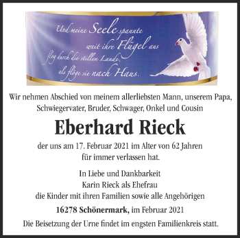 Traueranzeige von Eberhard Rieck von Märkische Oderzeitung