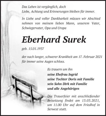 Traueranzeige von Eberhard Surek von Märkische Oderzeitung