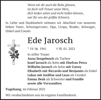 Traueranzeige von Ede Jarosch von Märkische Oderzeitung