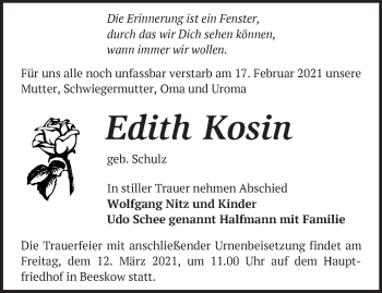 Traueranzeige von Edith Kosin von Märkische Oderzeitung