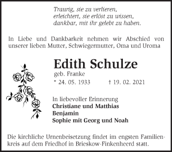 Traueranzeige von Edith Schulze von Märkische Oderzeitung