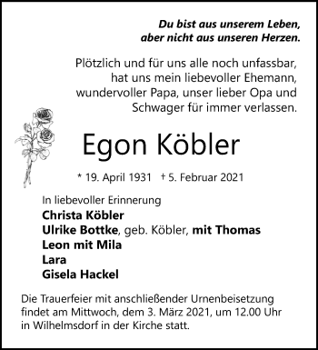 Traueranzeige von Egon Köbler von Märkische Oderzeitung