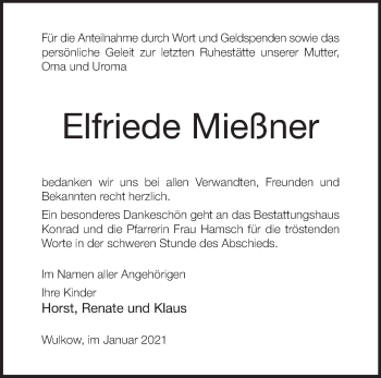 Traueranzeige von Elfriede Mießner von Märkische Oderzeitung