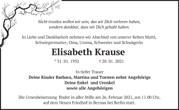 Traueranzeige von Elisabeth Krause von Märkische Oderzeitung