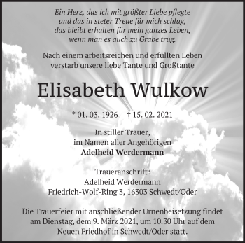 Traueranzeige von Elisabeth Wulkow von Märkische Oderzeitung