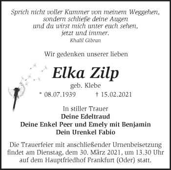 Traueranzeige von Elka Zilp von Märkische Oderzeitung