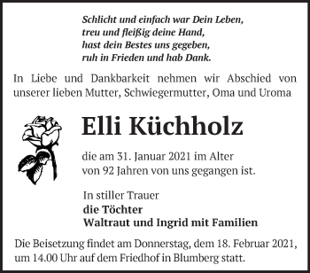 Traueranzeige von Elli Küchholz von Märkische Oderzeitung