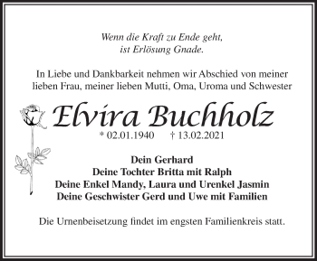 Traueranzeige von Elvira Buchholz von Märkische Oderzeitung