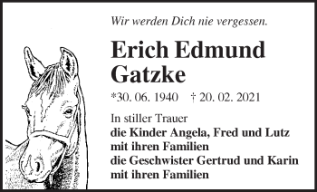Traueranzeige von Erich Edmund Gatzke von Märkische Oderzeitung