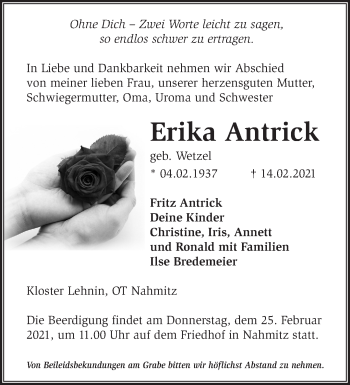 Traueranzeige von Erika Antrick von Märkische Oderzeitung