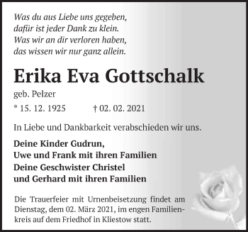 Traueranzeige von Erika Gottschalk von Märkische Oderzeitung