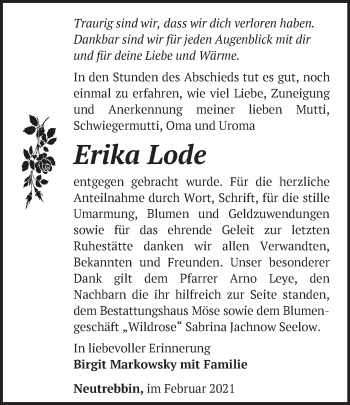 Traueranzeige von Erika Lode von Märkische Oderzeitung