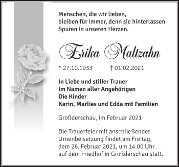 Traueranzeige von Erika Maltzahn von Märkische Oderzeitung