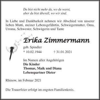 Traueranzeige von Erika Zimmermann von Märkische Oderzeitung