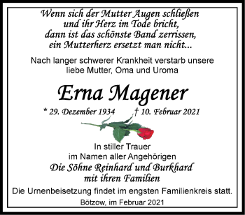 Traueranzeige von Erna Magener von Märkische Oderzeitung