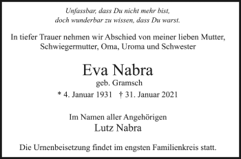 Traueranzeige von Eva Nabra von Märkische Oderzeitung
