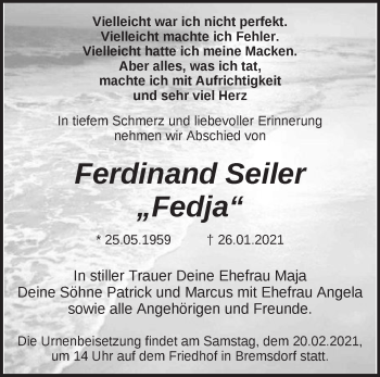 Traueranzeige von Ferdinand Seiler von Märkische Oderzeitung