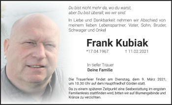 Traueranzeige von Frank Kubiak von Märkische Oderzeitung