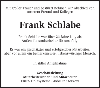 Traueranzeige von Frank Schlabe von Märkische Oderzeitung