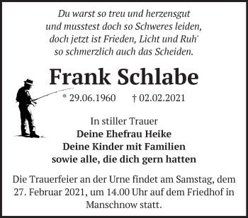 Traueranzeige von Frank Schlabe von Märkische Oderzeitung