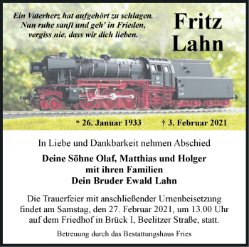 Traueranzeige von Fritz Lahn von Märkische Oderzeitung