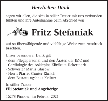 Traueranzeige von Fritz Stefaniak von Märkische Oderzeitung