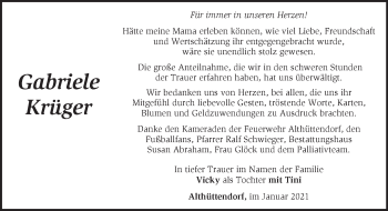 Traueranzeige von Gabriele Krüger von Märkische Oderzeitung