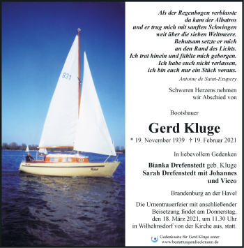 Traueranzeige von Gerd Kluge von Märkische Oderzeitung