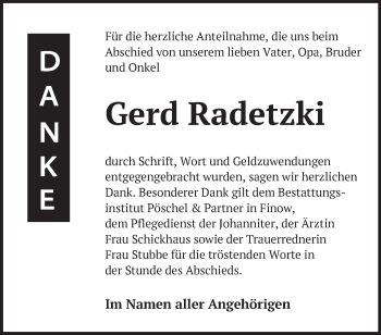 Traueranzeige von Gerd Radetzki von Märkische Oderzeitung